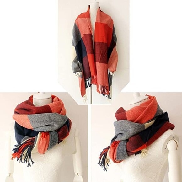 LONG Plaid Blanket Chunky Oversized Winter/Fall Warm Scarf Wrap Shawl NWT - Picture 4 of 7